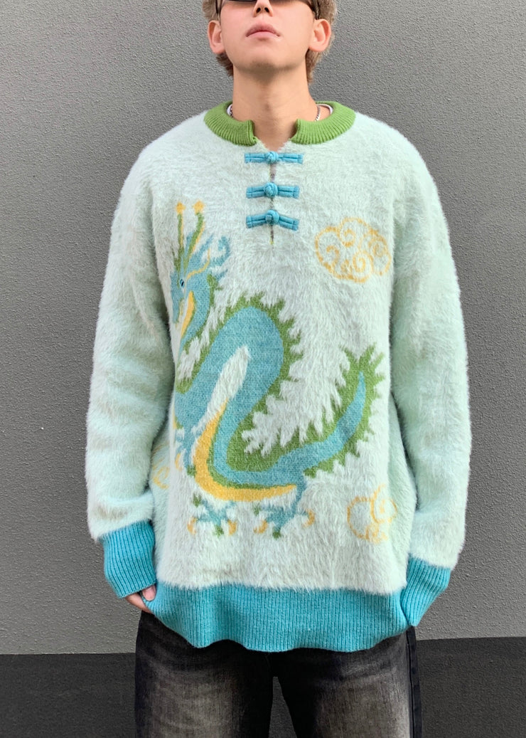 New Green Button Dragon Patchwork Mink Velvet Mens Sweaters Winter