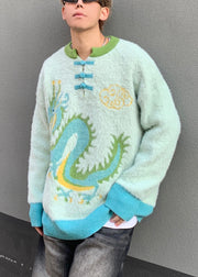 New Green Button Dragon Patchwork Mink Velvet Mens Sweaters Winter