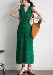 New Green Button Hollow Out Cotton Knit Two Pieces Set Sleeveless