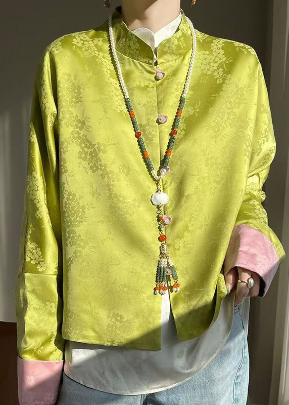 New Green Button Print Patchwork Silk Blouses Fall