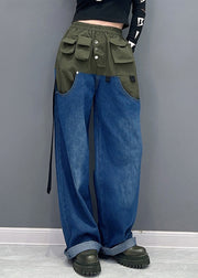 New Green Elastic Waist Patchwork Denim Pants Spring