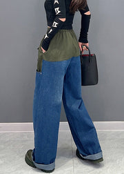 New Green Elastic Waist Patchwork Denim Pants Spring