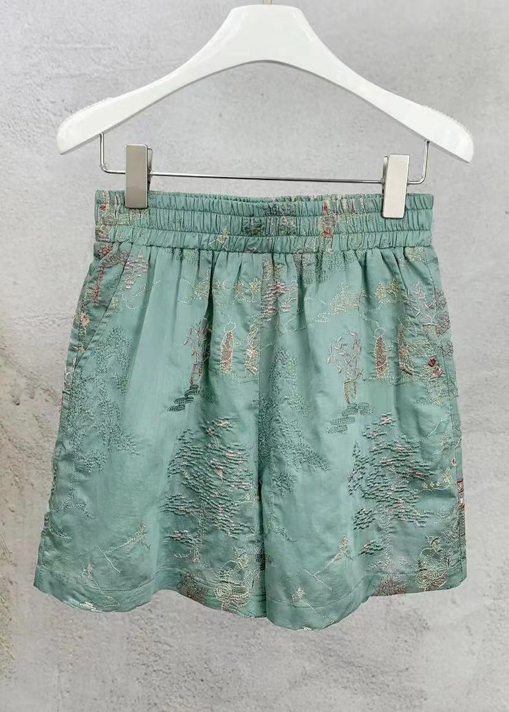 New Green Embroidered Tops And Shorts Cotton Sets 2 Pieces Sleeveless