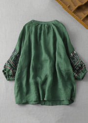 New Green Embroideried Button Cotton Shirt Lantern Sleeve