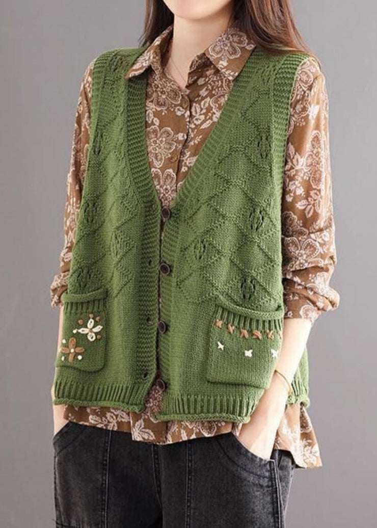 New Green Embroidered Pockets Patchwork Cotton Knit Waistcoat Sleeveless