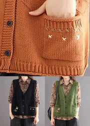 New Green Embroidered Pockets Patchwork Cotton Knit Waistcoat Sleeveless