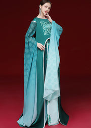 New Green Gradient Printed Pleated Chiffon Dress Set With Long Sleeves