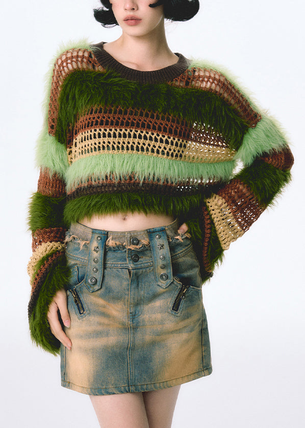 New Green Hollow Out Patchwork Mink Hair Knitted Top Fall