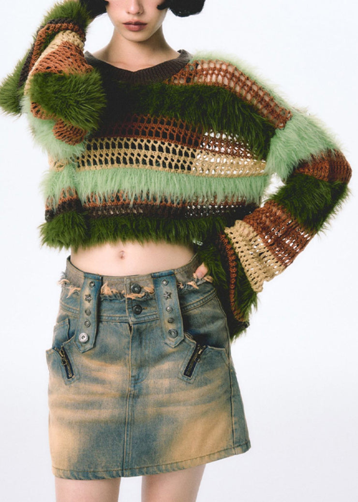 New Green Hollow Out Patchwork Mink Hair Knitted Top Fall