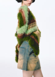 New Green Hollow Out Patchwork Mink Hair Knitted Top Fall