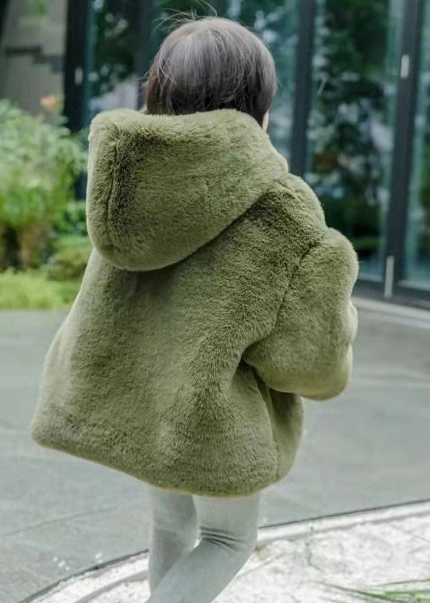 New Green Hooded Button Fuzzy Fur Girls Coat Spring