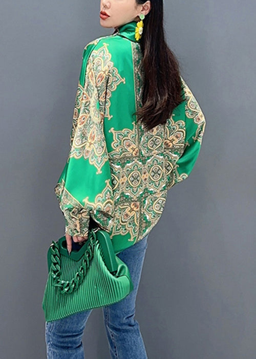 New Green Nail Bead Print Patchwork Silk Shirt Batwing Sleeve