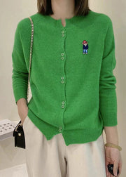 New Green O Neck Button Patchwork Knit Cardigans Long Sleeve