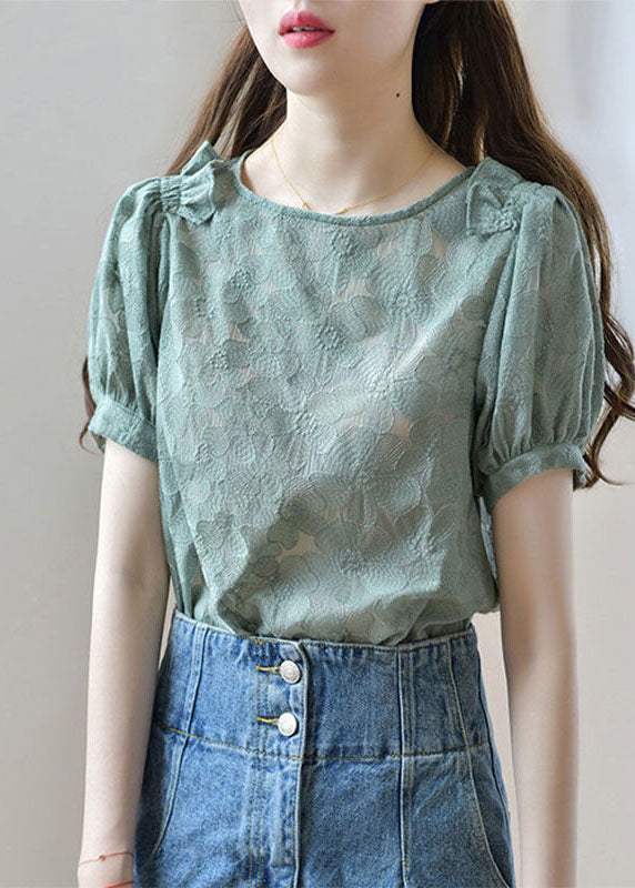 New Green O Neck Ruffled Patchwork Lace Shirt Tops Summer