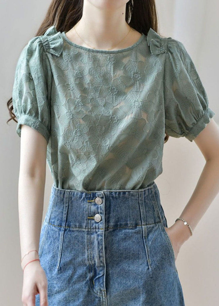 New Green O Neck Ruffled Patchwork Lace Shirt Tops Summer