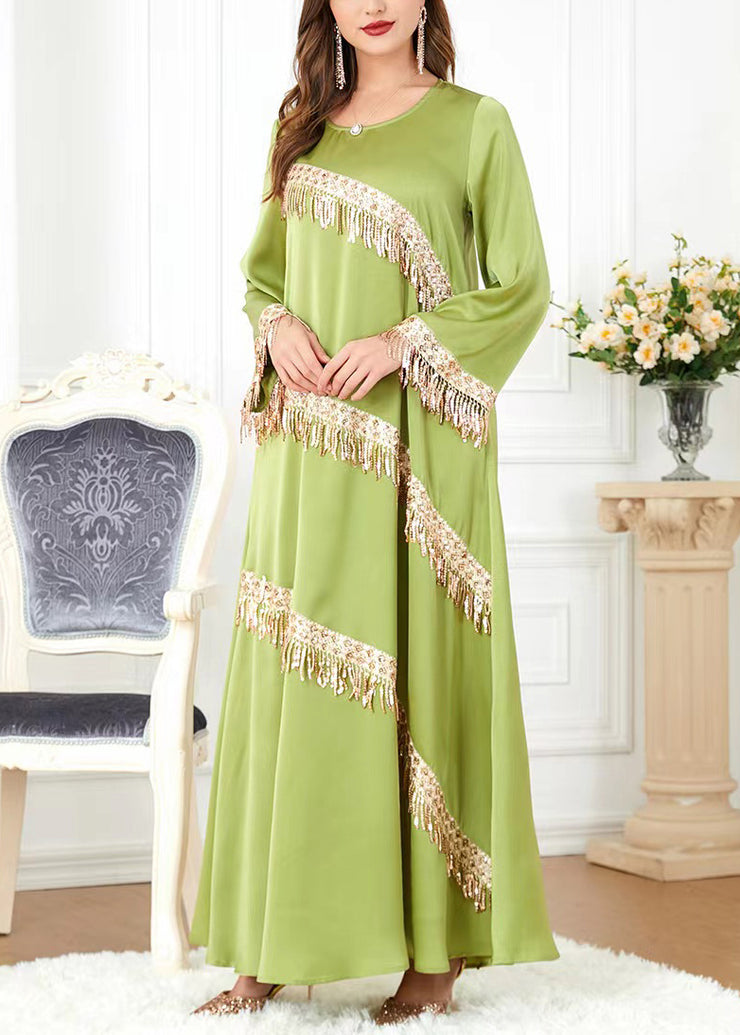 New Green O-Neck Tasseled Cotton Long Dress Spring