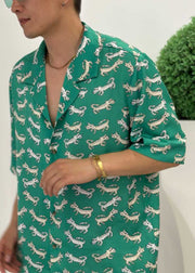 New Green Peter Pan Collar Print Cotton Men Shirt Summer