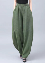 New Green Pockets Elastic Waist Cotton Pants Summer