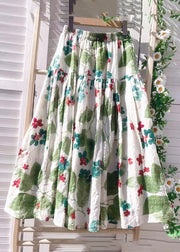 New Green Print Elastic Waist Cotton Skirt Summer