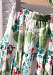 New Green Print Elastic Waist Cotton Skirt Summer