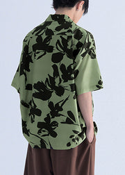 New Green Print Pockets Cotton Men Shirts Summer