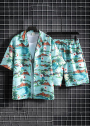 New Green Print Pockets Cotton Men Two Pieces Set Summer