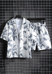 New Green Print Pockets Cotton Men Two Pieces Set Summer