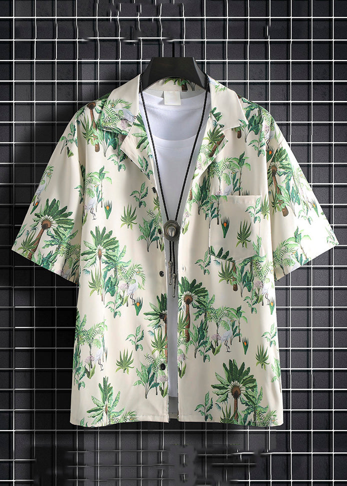 New Green Print Pockets Cotton Men Two Pieces Set Summer