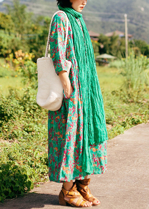 New Green Print Pockets Linen Dress Bracelet Sleeve