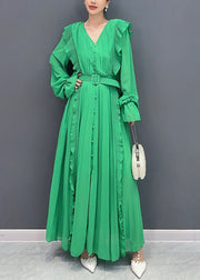 New Green Ruffled Button Sashes Chiffon Dress Long Sleeve