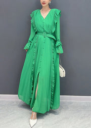 New Green Ruffled Button Sashes Chiffon Dress Long Sleeve