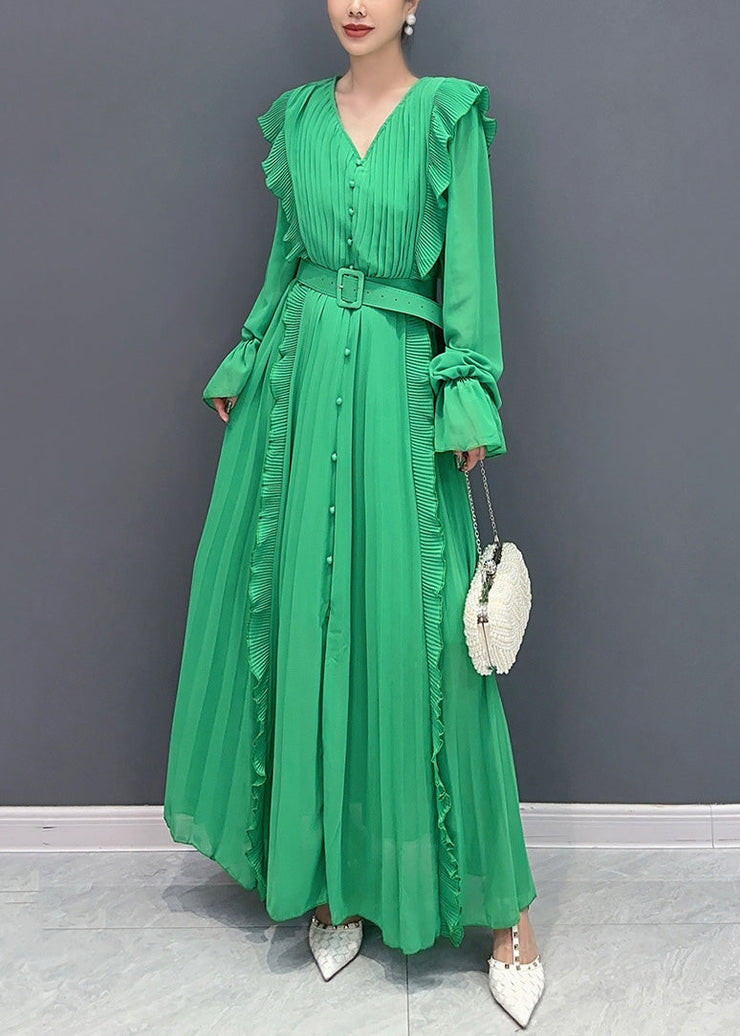 New Green Ruffled Button Sashes Chiffon Dress Long Sleeve