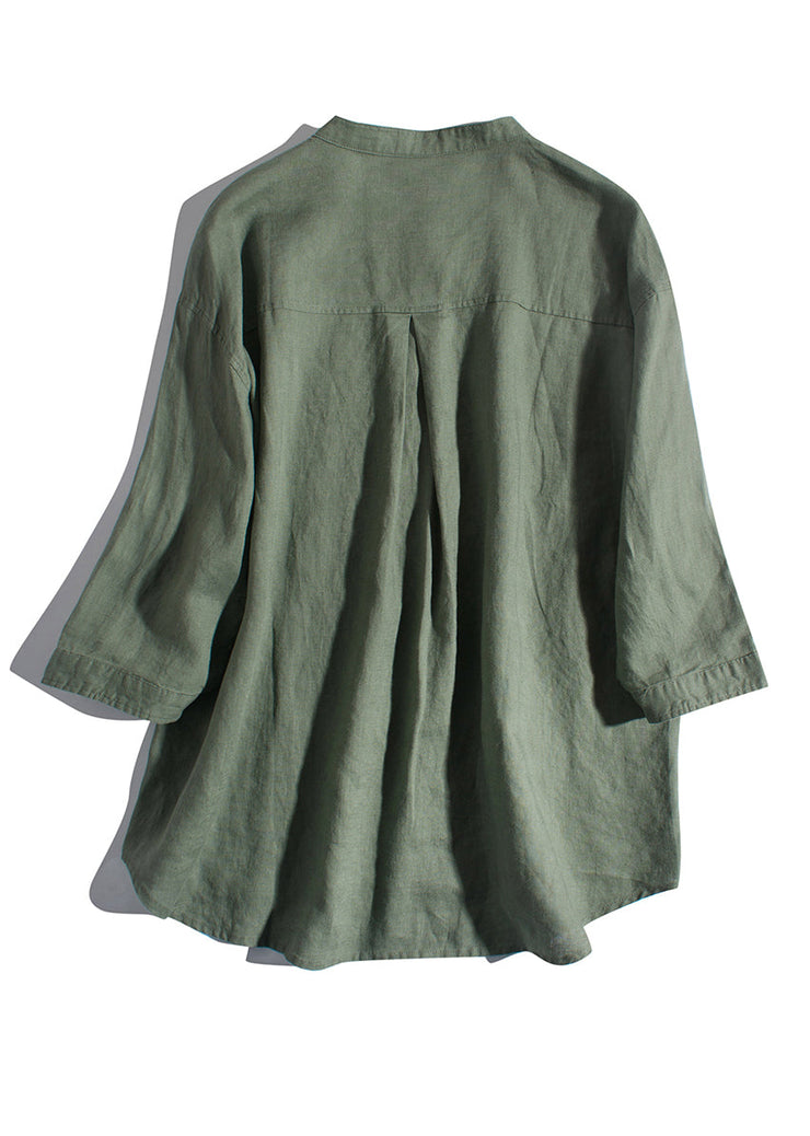 New Green Solid Button Pockets Linen Shirts Summer