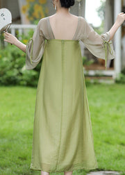 New Green Square Collar Lace Up Patchwork Chiffon Dress Flare Sleeve