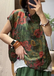 New Green Stand Collar Button Print Linen Tops Summer