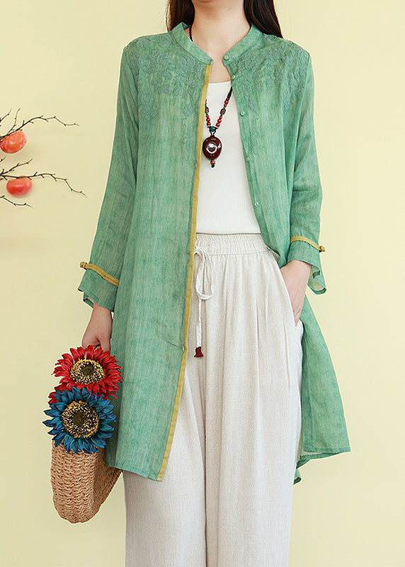 New Green Stand Collar Embroidered Button Linen Shirt Spring