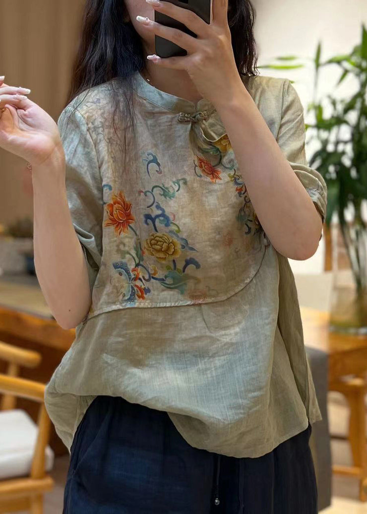 New Green Stand Collar Print Patchwork Linen Shirt Half Sleeve