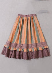 New Green Striped Hollow Out Lace Patchwork Linen Skirts Spring