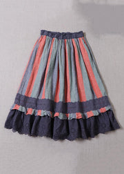 New Green Striped Hollow Out Lace Patchwork Linen Skirts Spring