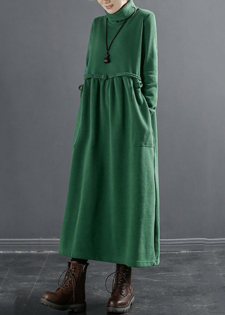 New Green Turtleneck Lace Up Cotton Knit Maxi Dresses Winter