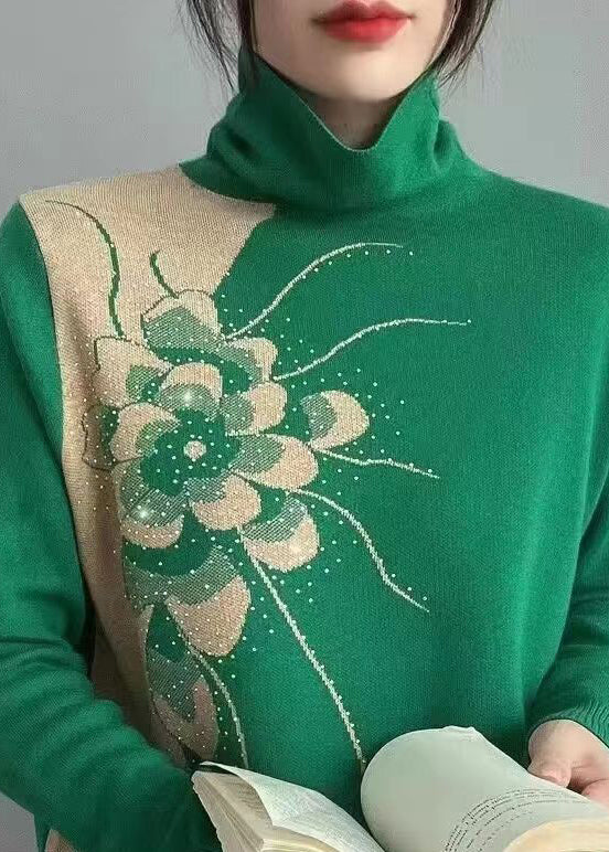 New Green Turtleneck Patchwork Cozy Wool Knit Top Long Sleeve