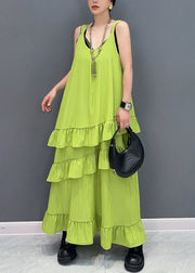 New Green U Neck Ruffled Solid Cotton Spaghetti Strap Sleeveless