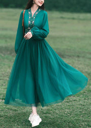 New Green V Neck Embroidered Tulle Long Dress Spring