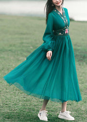 New Green V Neck Embroidered Tulle Long Dress Spring