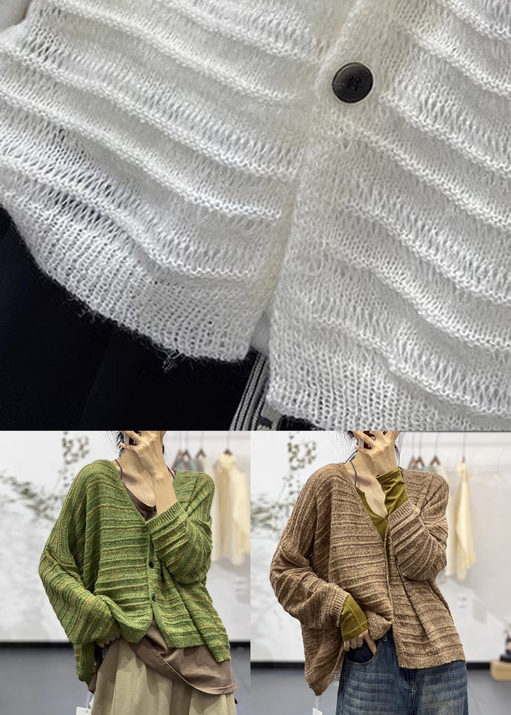 New Green V Neck Hollow Out Cotton Knit Coats Fall