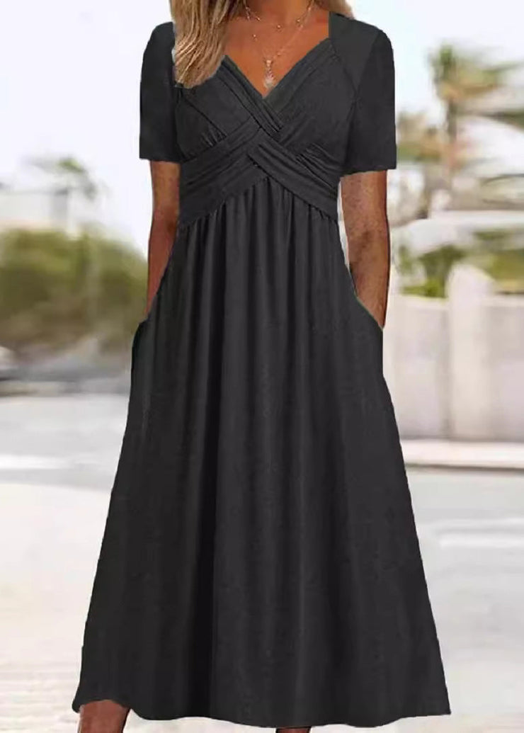 New Green V Neck Pockets Solid Cotton Long Dress Summer