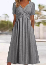 New Green V Neck Pockets Solid Cotton Long Dress Summer