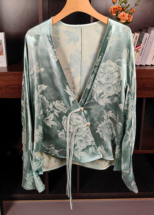 New Green V Neck Print Chinese Button Silk Tops Long Sleeve