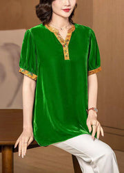 New Green V Neck Print Patchwork Silk Velour Blouses Short Sleeve