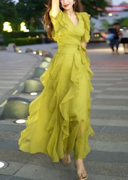 New Green V Neck Ruffled Chiffon Long Dresses Summer